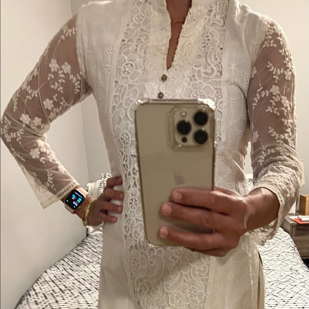 White cotton block print kameez